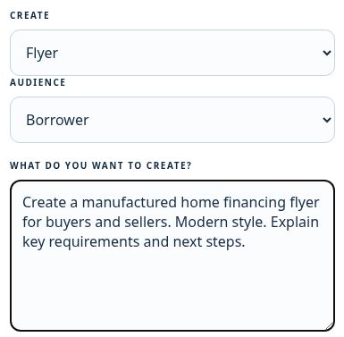 Choose what to create, select the audience, and describe your design.
