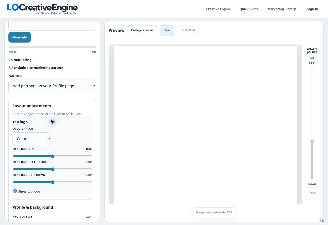 Logo and profile controls are on the left; the vertical artwork slider is on the right. Scroll the left panel for the remaining controls.